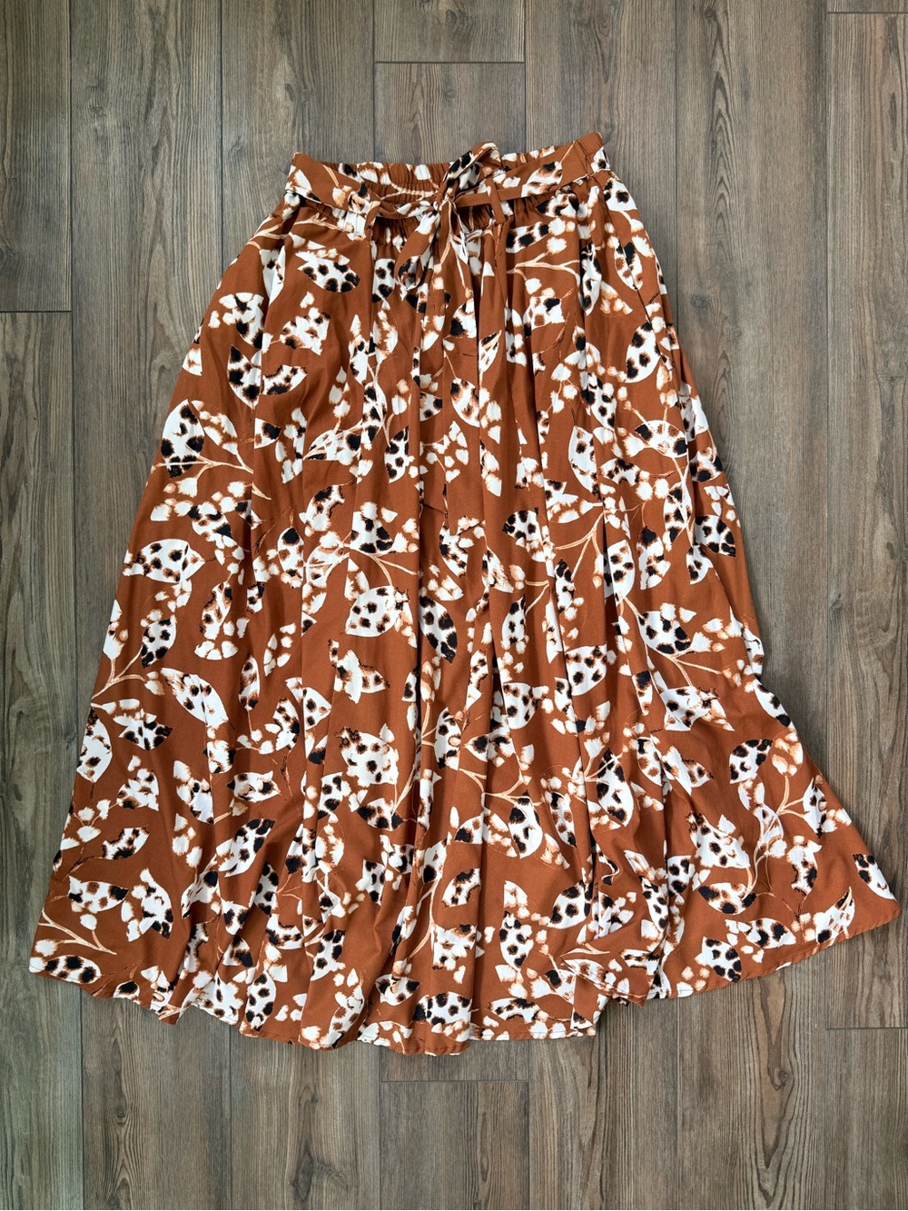 Women's Rust Floral A-Line Maxi Skirt with Waist Tie